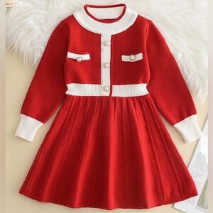 Vintage Inspired Red and White Knit Dress with faux Pearl & Gold Buttons